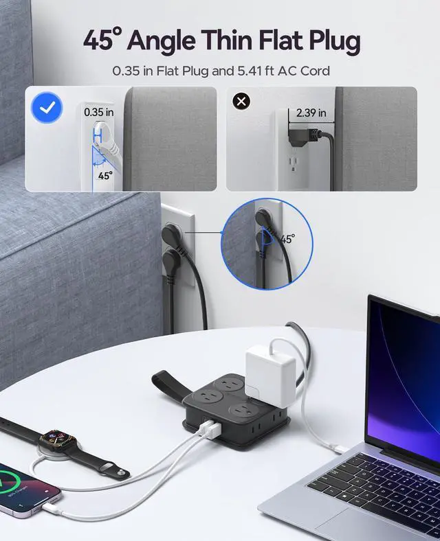 Alt view image 7 of 7 - 5 Ft Extension Cord with 3 USB Ports, Power Strip for Desktop, 4 Side Outlet Extender(8 AC) & Flat Plug, 11 in 1 Charging Station for Home/Office/Dorm -AP3 PRO