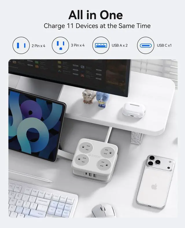 Alt view image 2 of 7 - 5 Ft Extension Cord with 3 USB Ports, Power Strip for Desktop, 4 Side Outlet Extender(8 AC) & Flat Plug, 11 in 1 Charging Station for Home/Office/Dorm - AP3 PRO
