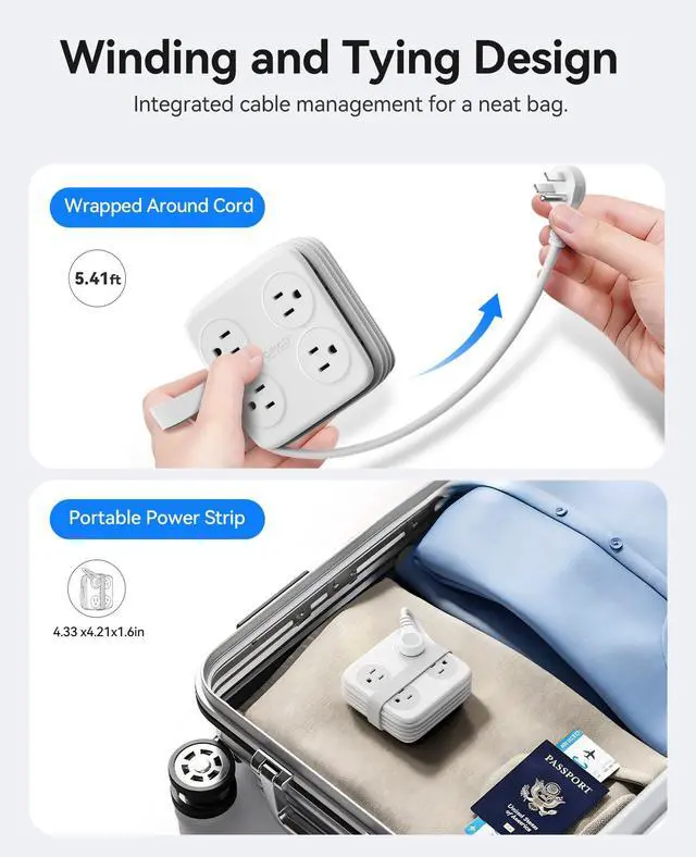 Alt view image 3 of 7 - 5 Ft Extension Cord with 3 USB Ports, Power Strip for Desktop, 4 Side Outlet Extender(8 AC) & Flat Plug, 11 in 1 Charging Station for Home/Office/Dorm - AP3 PRO