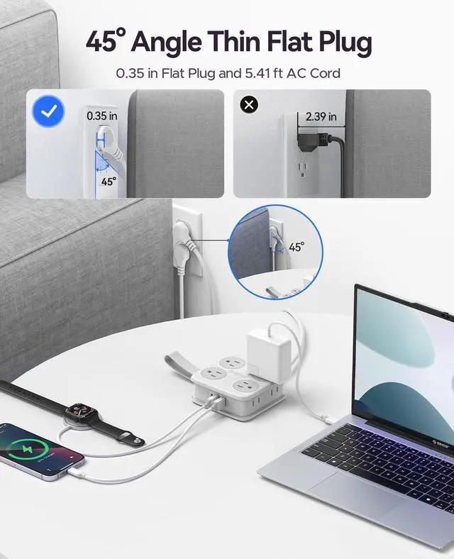 Alt view image 7 of 7 - 5 Ft Extension Cord with 3 USB Ports, Power Strip for Desktop, 4 Side Outlet Extender(8 AC) & Flat Plug, 11 in 1 Charging Station for Home/Office/Dorm - AP3 PRO