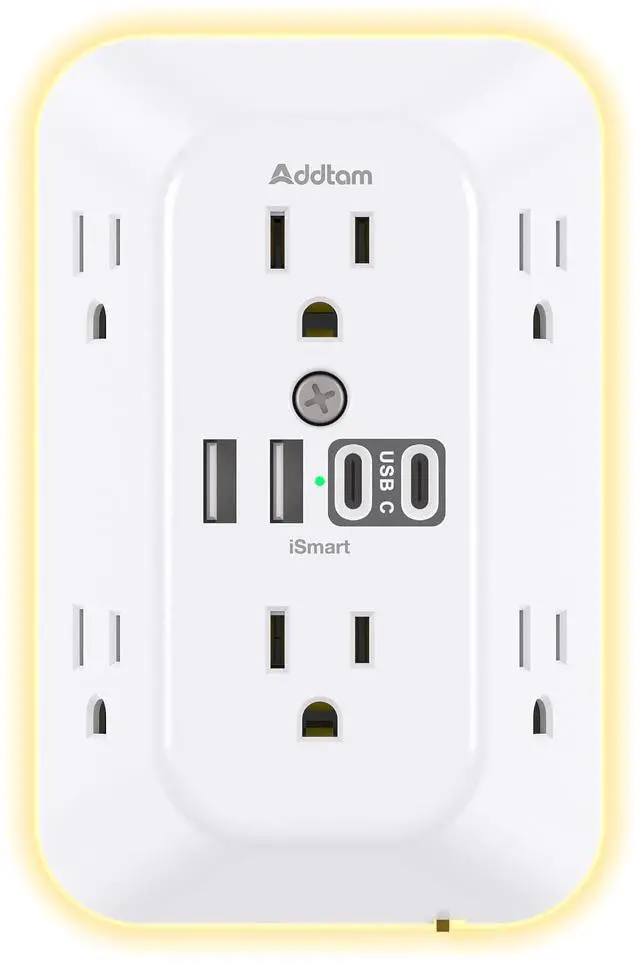Main image of Surge Protector Outlet Extender, 6 Outlet Splitter with Night Light and 4 USB Wall Charger(2 USB-C Ports), Multi Plug Wall Outlet Power Strip for Home Office Dorm Room Essentials