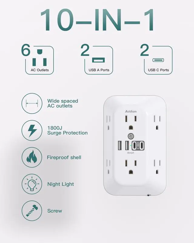 Alt view image 2 of 7 - Surge Protector Outlet Extender, 6 Outlet Splitter with Night Light and 4 USB Wall Charger(2 USB-C Ports), Multi Plug Wall Outlet Power Strip for Home Office Dorm Room Essentials