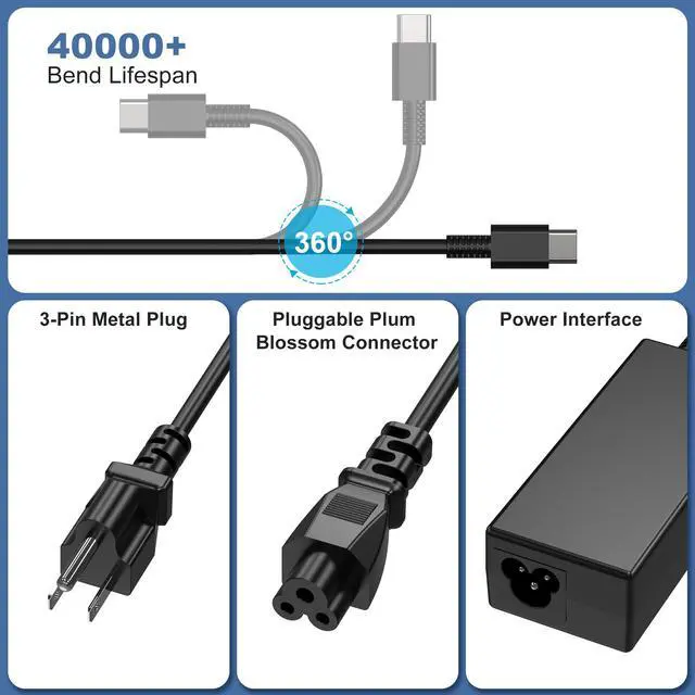 Alt view image 3 of 6 - 65W 45W USB C Laptop Charger Compatible with HP,Lenovo Thinkpad Yoga,Dell,Asus,Acer,Samsung Chromebook Charger Fast Charging Type C Laptop Charger AC Adapter Power Cord Supply