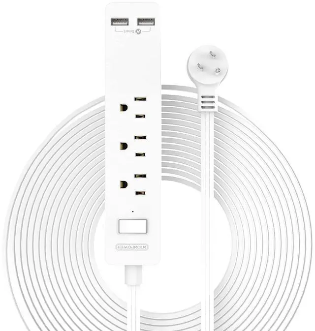 Main image of Long Extension Cord 15 ft, Wall Mount Power Strip Flat Plug with 3 Outlets 2 USB, Ultra Thin Flat Extension Cord Under Carpet, Rug, Door, Overload Protection for Home Office Indoor, White