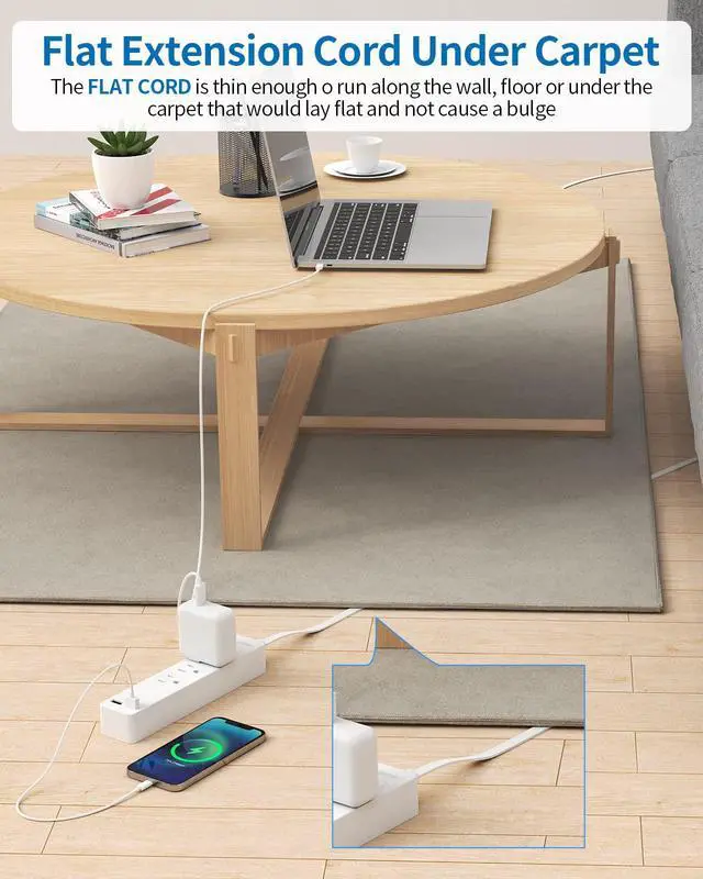 Alt view image 3 of 7 - Long Extension Cord 15 ft, Wall Mount Power Strip Flat Plug with 3 Outlets 2 USB, Ultra Thin Flat Extension Cord Under Carpet, Rug, Door, Overload Protection for Home Office Indoor, White