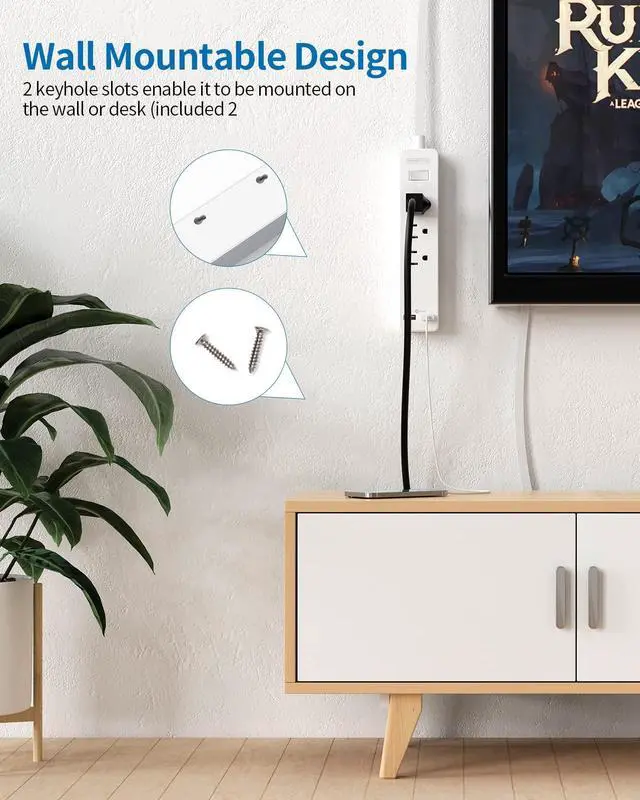 Alt view image 5 of 7 - Long Extension Cord 15 ft, Wall Mount Power Strip Flat Plug with 3 Outlets 2 USB, Ultra Thin Flat Extension Cord Under Carpet, Rug, Door, Overload Protection for Home Office Indoor, White