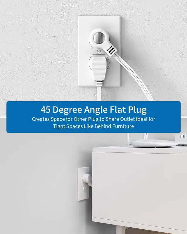 Alt view image 6 of 7 - Long Extension Cord 15 ft, Wall Mount Power Strip Flat Plug with 3 Outlets 2 USB, Ultra Thin Flat Extension Cord Under Carpet, Rug, Door, Overload Protection for Home Office Indoor, White