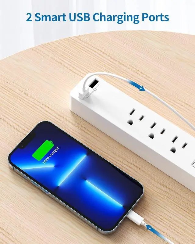 Alt view image 7 of 7 - Long Extension Cord 15 ft, Wall Mount Power Strip Flat Plug with 3 Outlets 2 USB, Ultra Thin Flat Extension Cord Under Carpet, Rug, Door, Overload Protection for Home Office Indoor, White