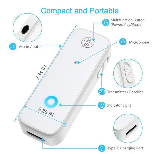 Alt view image 6 of 7 - Bluetooth Aux Adapter for Car, 2 in 1 Bluetooth Transmitter Receiver for Hands-Free Call, Noise Cancelling 3.5mm AUX Wireless 5.3 Receiver for Car Home Audio System Headphones White