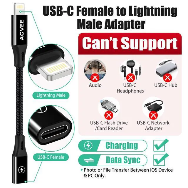 Alt view image 2 of 7 - 2 Pack 4 inch USB-C Female to Lightning Male Adapter, 30W Fast Charging Charger Converter for iPhone 14 13 12 11 Airpods iOS Device Carplay, Not for Audio, Black