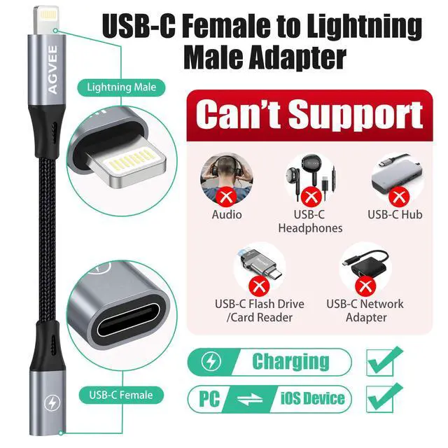 Alt view image 2 of 7 - 2 Pack 4 inch USB-C Female to Lightning Male Adapter, 30W Fast Charging Charger Converter for iPhone 14 13 12 11 Airpods iOS Device Carplay, Not for Audio, Dark Gray