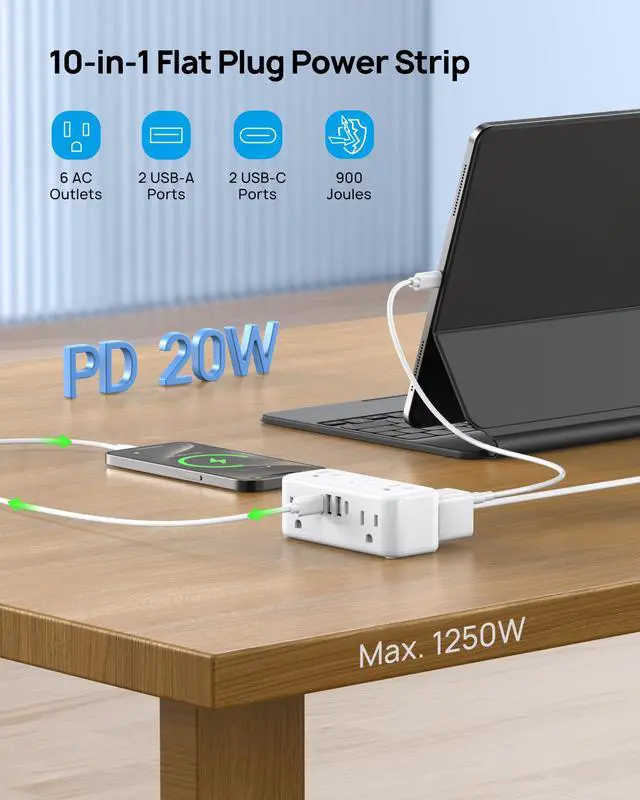 Alt view image 2 of 7 - 20W USB C Power Strip Surge Protector - 5ft Flat Plug Extension Cord with Multiple 6 Outlet, 4 USB, 900 Joules, 3 Sided Design, Mountable, Compact for Home Office Travel Dorm Room Essentials
