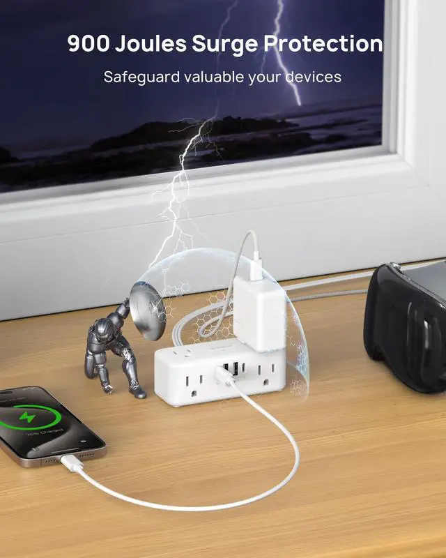 Alt view image 5 of 7 - 20W USB C Power Strip Surge Protector - 5ft Flat Plug Extension Cord with Multiple 6 Outlet, 4 USB, 900 Joules, 3 Sided Design, Mountable, Compact for Home Office Travel Dorm Room Essentials