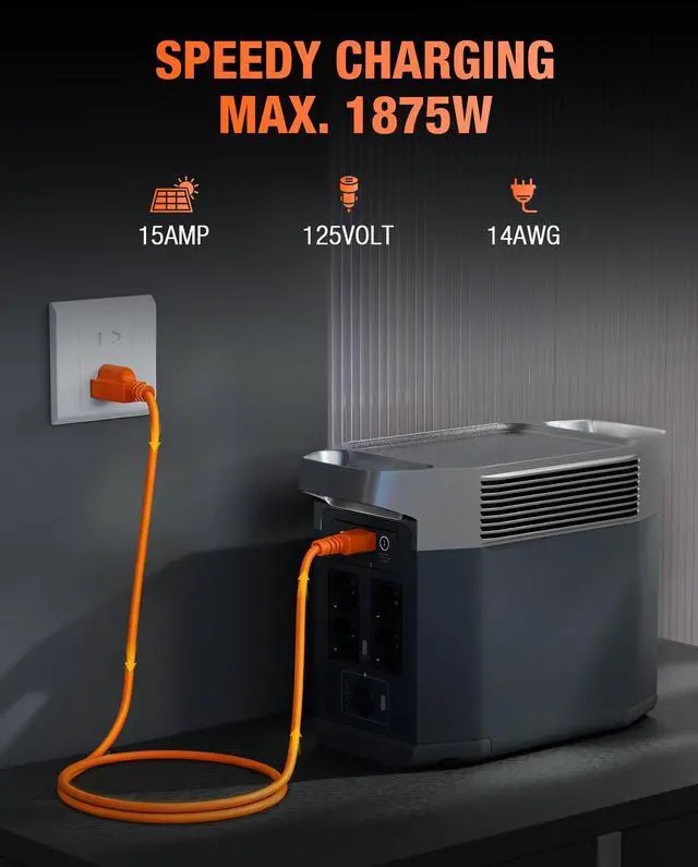 Alt view image 2 of 7 - Heavy-Duty Power Station Charging Cable, 14AWG Fast Charger Cable for Jackery Explorer 2000/1500/1000 Pro,Ecoflow Delta/River Series,Bluetti EB3A;Anker 757/767, 125V 15A AC Power Cord Orange(10FT)