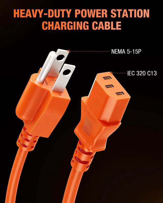 Alt view image 3 of 7 - Heavy-Duty Power Station Charging Cable, 14AWG Fast Charger Cable for Jackery Explorer 2000/1500/1000 Pro,Ecoflow Delta/River Series,Bluetti EB3A;Anker 757/767, 125V 15A AC Power Cord Orange(10FT)