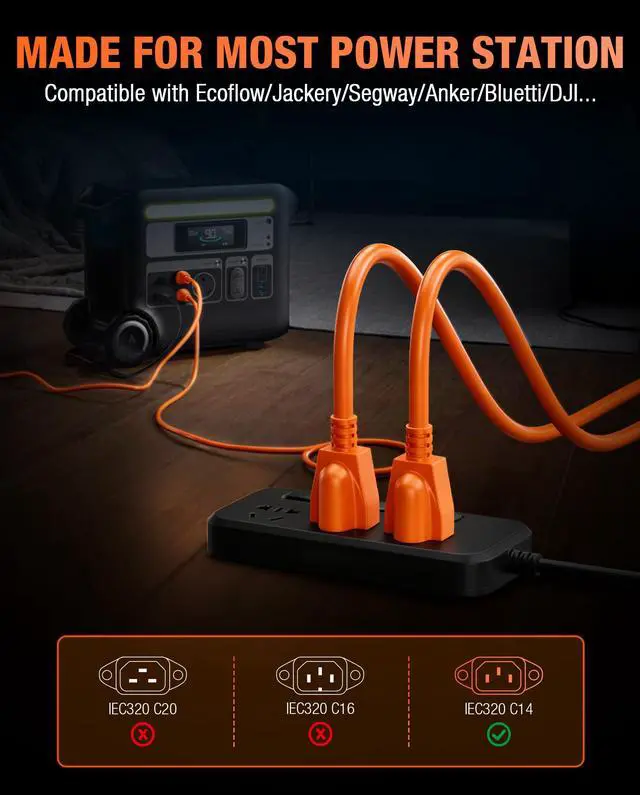 Alt view image 6 of 7 - Heavy-Duty Power Station Charging Cable, 14AWG Fast Charger Cable for Jackery Explorer 2000/1500/1000 Pro,Ecoflow Delta/River Series,Bluetti EB3A;Anker 757/767, 125V 15A AC Power Cord Orange(10FT)