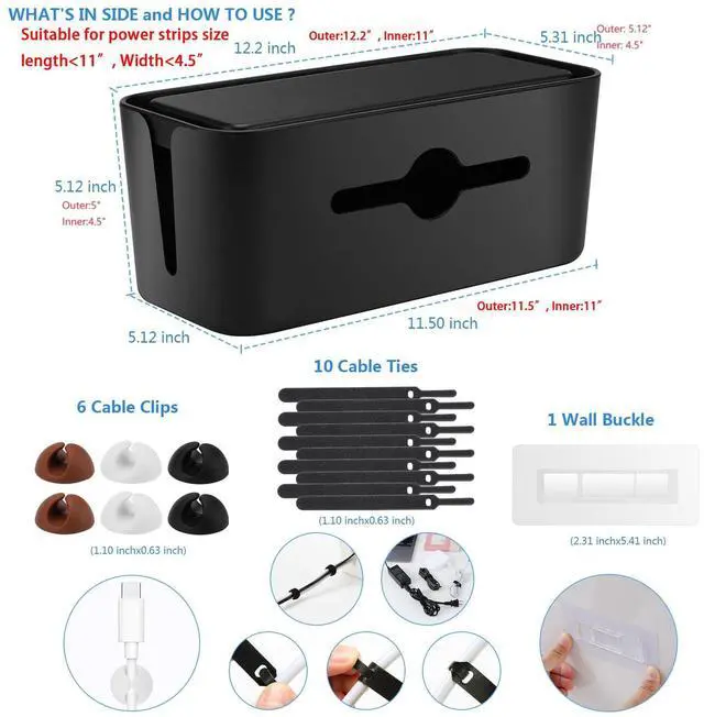 Alt view image 7 of 7 - Cable Management Box,Cord Organizer Box for Desk Floor Cable Hide,Cable Box Organizer to Cover The Power Strip Cord Wires for Home Office,Black
