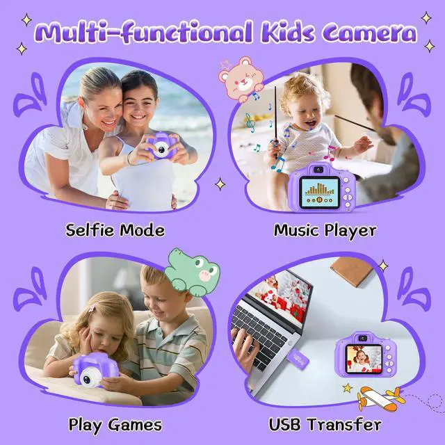 Alt view image 7 of 7 - Kids Camera for Boys and Girls, Digital Camera for Kids, Toddler Camera Christmas Birthday Toy Gifts for Kids Age 3 4 5 6 7 8 9 10 with 32GB SD Card, Video Recorder 1080P HD(Purple)