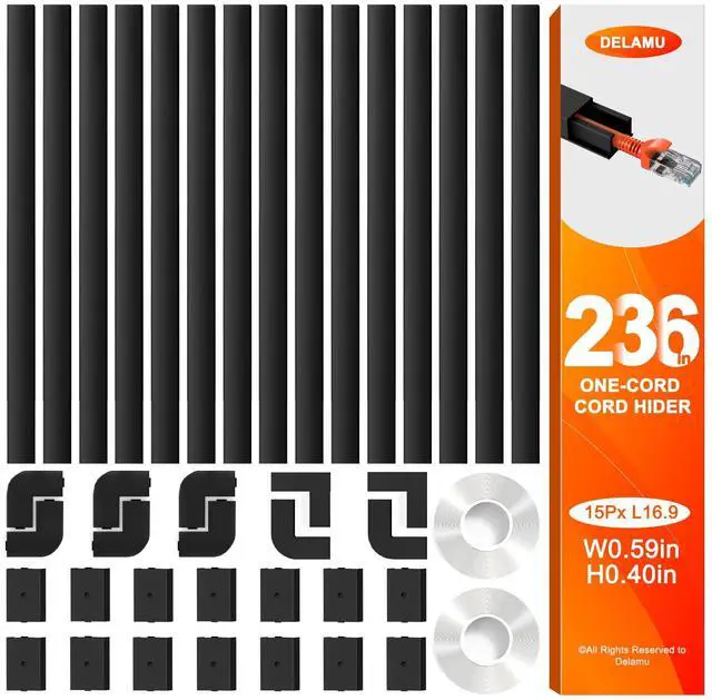Main image of 236in Cord Hider, One-Wire Cord Covers for Wires on Wall, Easy-to-Install Cable Hiders for Mounted Tv, Cable Management Kit, Cable Raceways, W0.59 H0.4in, Black