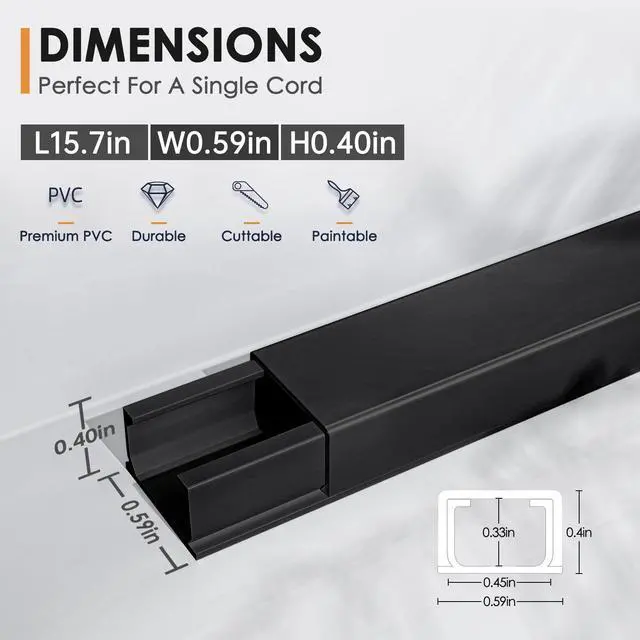 Alt view image 2 of 7 - 236in Cord Hider, One-Wire Cord Covers for Wires on Wall, Easy-to-Install Cable Hiders for Mounted Tv, Cable Management Kit, Cable Raceways, W0.59 H0.4in, Black