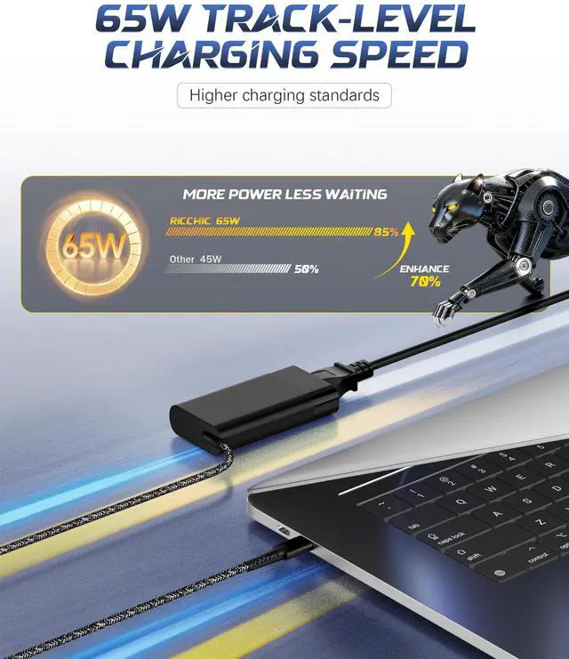 Alt view image 2 of 7 - New Slim 65W USB C Laptop Charger Compatible with HP Spectre x360, EliteBook x360, Envy, Pavilion, Omnibook, Chromebook, Elite x2, Zbook Type C Power Adapter