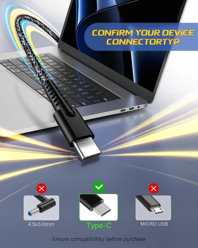 Alt view image 3 of 7 - New Slim 65W USB C Laptop Charger Compatible with HP Spectre x360, EliteBook x360, Envy, Pavilion, Omnibook, Chromebook, Elite x2, Zbook Type C Power Adapter