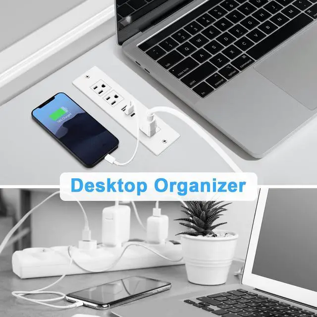 Alt view image 3 of 6 - Recessed Power Strip, Furniture Drawer Outlet with 20W PD USB-C & 18W QC3.0 USB-A, Plug in 3 Outlets & USB Ports, Flush Mount 6FT White Extension Cord Conference Desk Outlets
