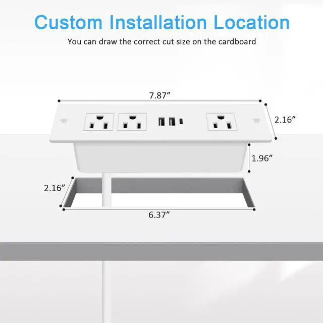 Alt view image 6 of 6 - Recessed Power Strip, Furniture Drawer Outlet with 20W PD USB-C & 18W QC3.0 USB-A, Plug in 3 Outlets & USB Ports, Flush Mount 6FT White Extension Cord Conference Desk Outlets