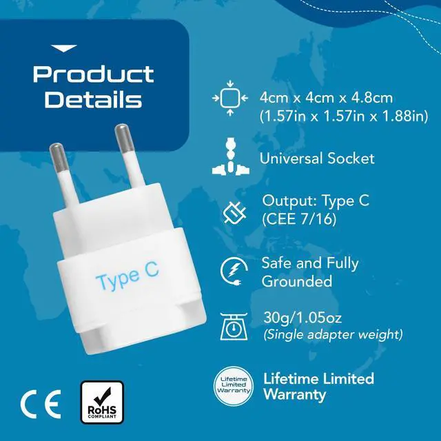 Alt view image 3 of 7 - European Travel Plug Adapter (Type C), Universal to European EU, Power Charge your Electronics in Italy, Greece, Germany, Outlet Adaptor 3 Pack