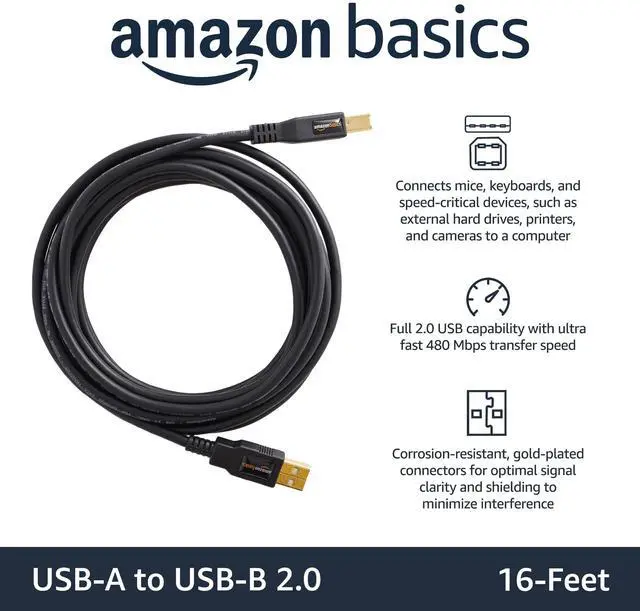 Alt view image 2 of 7 - USB-A to USB-B 2.0 Cable for Printer or External Hard Drive, Gold-Plated Connectors, 16 Foot, Black
