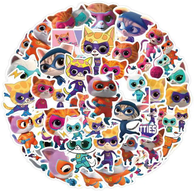 Main image of 50pcs Cartoon Supper Kitties Stickers for Kids,Vinyl Waterproof Supper Kitties Decal for Water Bottle Laptop Toy Sticker for DIY Decorate Bumper Phone Hard Hat Kids Teens Gifts