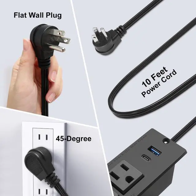 Alt view image 4 of 7 - USB C Recessed Power Strip Fast Charge Desktop Power Station 2 Outlets 2 USB (PD20W & QC18W, Total 20W) Mountable Flat Plug 10'ft Extension Cord Mount for Tabletop Sofa Cabinet Nightstand