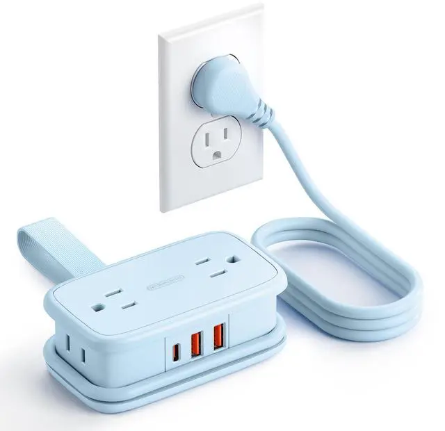 Main image of Blue Travel Power Strip 20W, Travel Essentials 4 Outlets 3 USB(1 USB-C) with 4FT Wrapped Extension Cord Flat Plug, Vacation Essentials for Hotel Travel Camping Cruise Essentials 2026