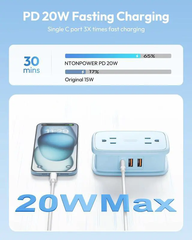 Alt view image 2 of 6 - Blue Travel Power Strip 20W, Travel Essentials 4 Outlets 3 USB(1 USB-C) with 4FT Wrapped Extension Cord Flat Plug, Vacation Essentials for Hotel Travel Camping Cruise Essentials 2026