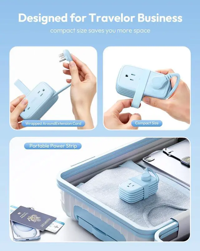 Alt view image 3 of 6 - Blue Travel Power Strip 20W, Travel Essentials 4 Outlets 3 USB(1 USB-C) with 4FT Wrapped Extension Cord Flat Plug, Vacation Essentials for Hotel Travel Camping Cruise Essentials 2026