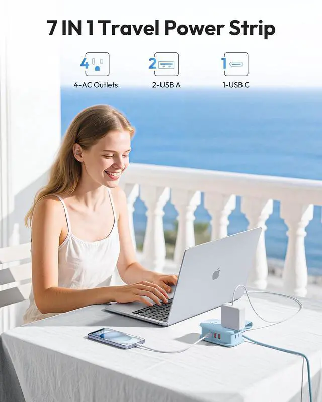 Alt view image 4 of 6 - Blue Travel Power Strip 20W, Travel Essentials 4 Outlets 3 USB(1 USB-C) with 4FT Wrapped Extension Cord Flat Plug, Vacation Essentials for Hotel Travel Camping Cruise Essentials 2026