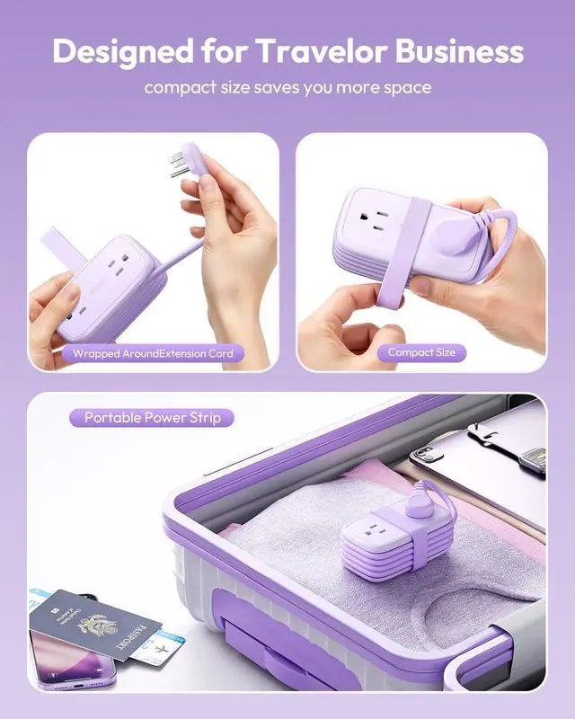 Alt view image 2 of 6 - 20W Purple Travel Power Strip, Travel Essentials 4 Outlets 3 USB(1 USB-C) with 4FT Wrapped Extension Cord Flat Plug, Vacation Essentials for Hotel Travel Camping Cruise Essentials 2026
