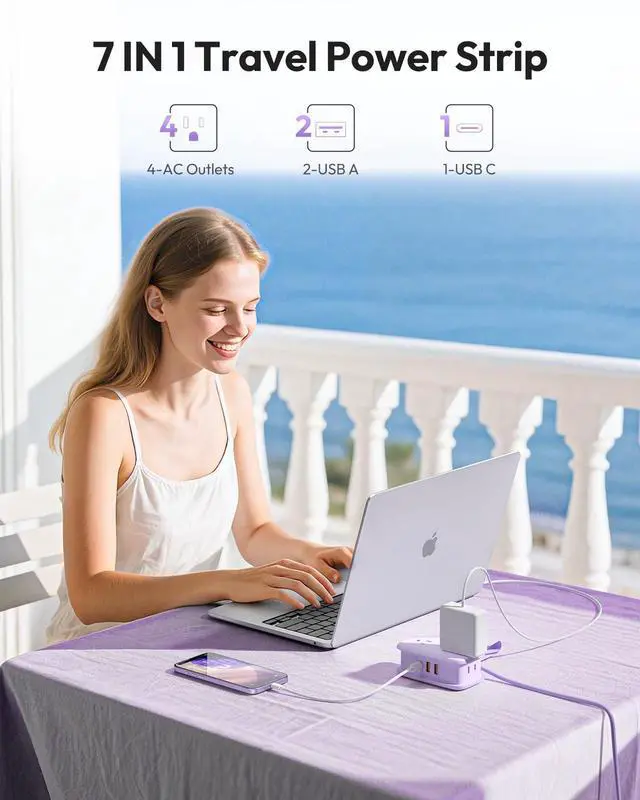 Alt view image 4 of 6 - 20W Purple Travel Power Strip, Travel Essentials 4 Outlets 3 USB(1 USB-C) with 4FT Wrapped Extension Cord Flat Plug, Vacation Essentials for Hotel Travel Camping Cruise Essentials 2026