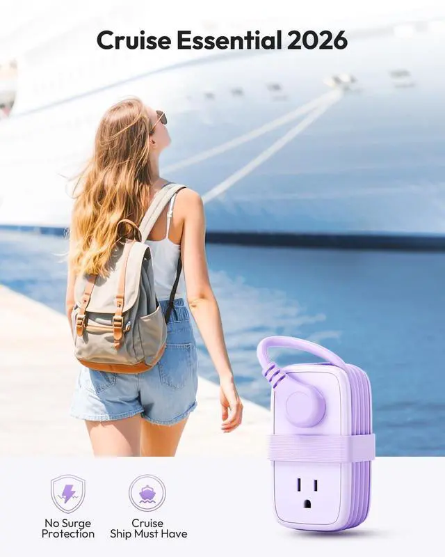 Alt view image 5 of 6 - 20W Purple Travel Power Strip, Travel Essentials 4 Outlets 3 USB(1 USB-C) with 4FT Wrapped Extension Cord Flat Plug, Vacation Essentials for Hotel Travel Camping Cruise Essentials 2026