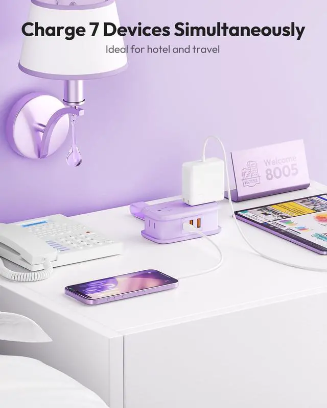 Alt view image 6 of 6 - 20W Purple Travel Power Strip, Travel Essentials 4 Outlets 3 USB(1 USB-C) with 4FT Wrapped Extension Cord Flat Plug, Vacation Essentials for Hotel Travel Camping Cruise Essentials 2026