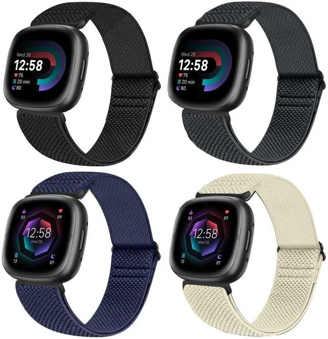 Main image of 4 Pack Elastic Watch Bands Compatible for Fitbit Versa 4/Versa 3 / Sense 2/Sense, Adjustable Nylon Stretchy Replacement Sport Loop Straps for Women Men