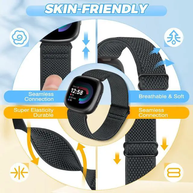 Alt view image 2 of 7 - 4 Pack Elastic Watch Bands Compatible for Fitbit Versa 4/Versa 3 / Sense 2/Sense, Adjustable Nylon Stretchy Replacement Sport Loop Straps for Women Men