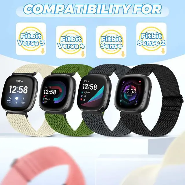 Alt view image 3 of 7 - 4 Pack Elastic Watch Bands Compatible for Fitbit Versa 4/Versa 3 / Sense 2/Sense, Adjustable Nylon Stretchy Replacement Sport Loop Straps for Women Men