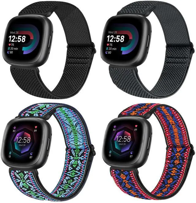 Main image of 4 Pack Elastic Watch Bands Compatible for Fitbit Versa 4/Versa 3 / Sense 2/Sense, Adjustable Nylon Stretchy Replacement Sport Loop Straps for Women Men