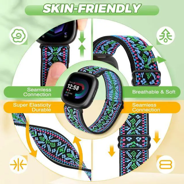Alt view image 2 of 7 - 4 Pack Elastic Watch Bands Compatible for Fitbit Versa 4/Versa 3 / Sense 2/Sense, Adjustable Nylon Stretchy Replacement Sport Loop Straps for Women Men