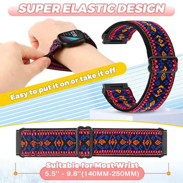 Alt view image 4 of 7 - 4 Pack Elastic Watch Bands Compatible for Fitbit Versa 4/Versa 3 / Sense 2/Sense, Adjustable Nylon Stretchy Replacement Sport Loop Straps for Women Men