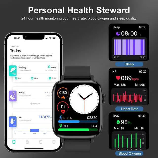 Alt view image 4 of 6 - Smart Watch for Men - 1.90" HD Touch Screen Smartwatch, Bluetooth Call, Fitness Tracker with 120+ Sport Modes, Heart Rate & Sleep Monitor, IP68 Waterproof Smart Watches for Android & iPhone, Black