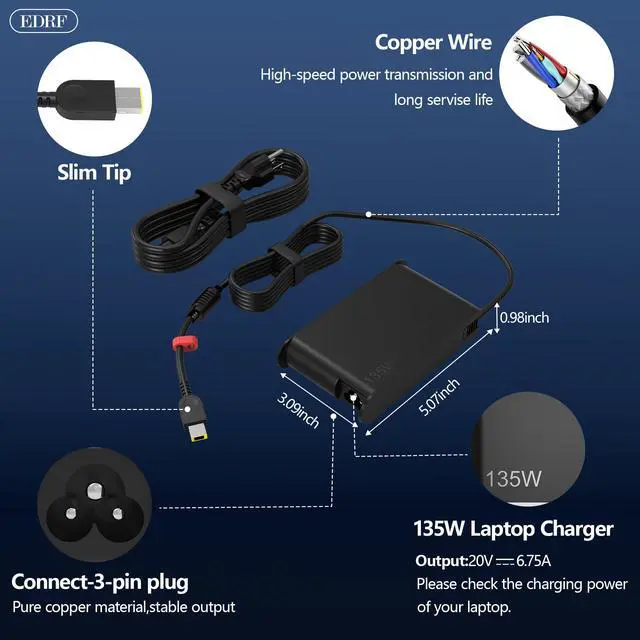 Alt view image 3 of 7 - NEW 135W Laptop Charger Compatible with Lenovo IdeaPad Yoga Slim Creator 5 7 ThinkPad X1 Extreme Ideapad Gaming 3 Ideapad Yoga Legion 5 ThinkBook 15P Ideacentre AIO Thinkstation Power Supply Adapter