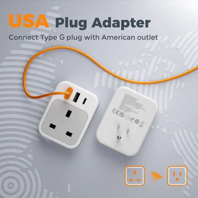 Alt view image 2 of 7 - UK to US Plug Adapter, UK Adapters for Travel with AC Outlet 3 USB (1 USB C), Type G Power Adapter Ireland London Scotland Kenya Dubai Singapore to Type B USA Travel Adaptor