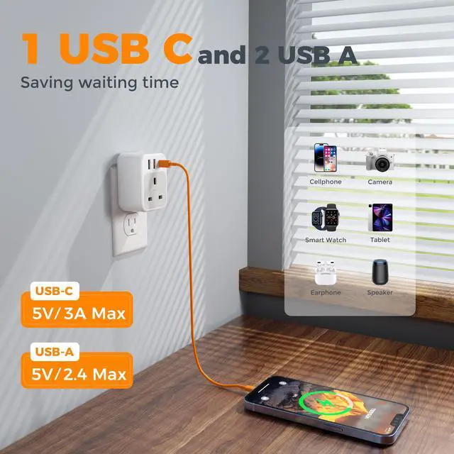 Alt view image 4 of 7 - UK to US Plug Adapter, UK Adapters for Travel with AC Outlet 3 USB (1 USB C), Type G Power Adapter Ireland London Scotland Kenya Dubai Singapore to Type B USA Travel Adaptor